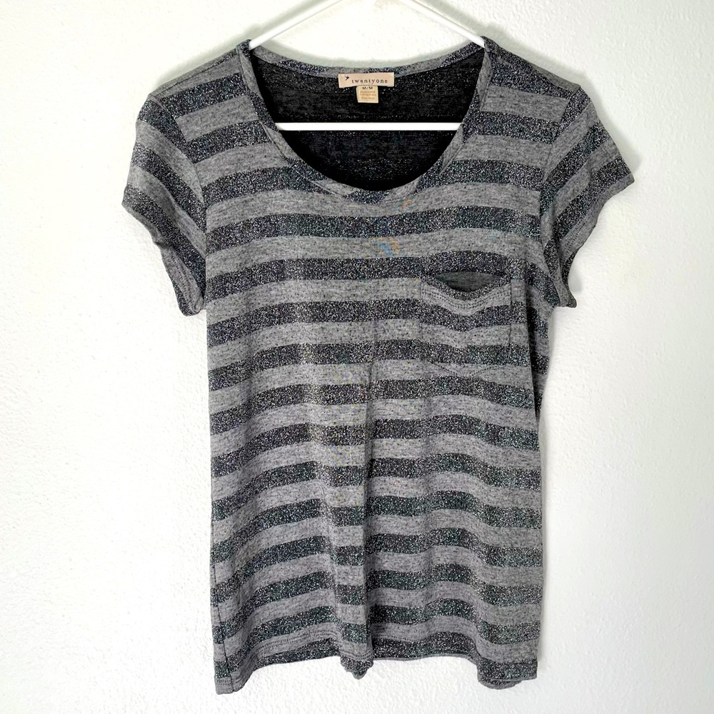 Forever 21 Gray & Silver Striped Pocket Tee